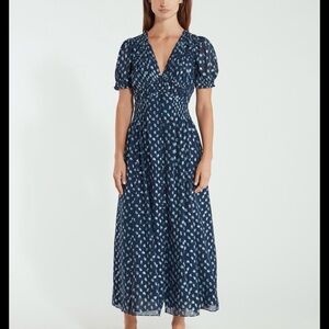Tanya Taylor Midi Dress Alfonsa 100% Silk Dress Blue Metallic Chiffon Smocked 14